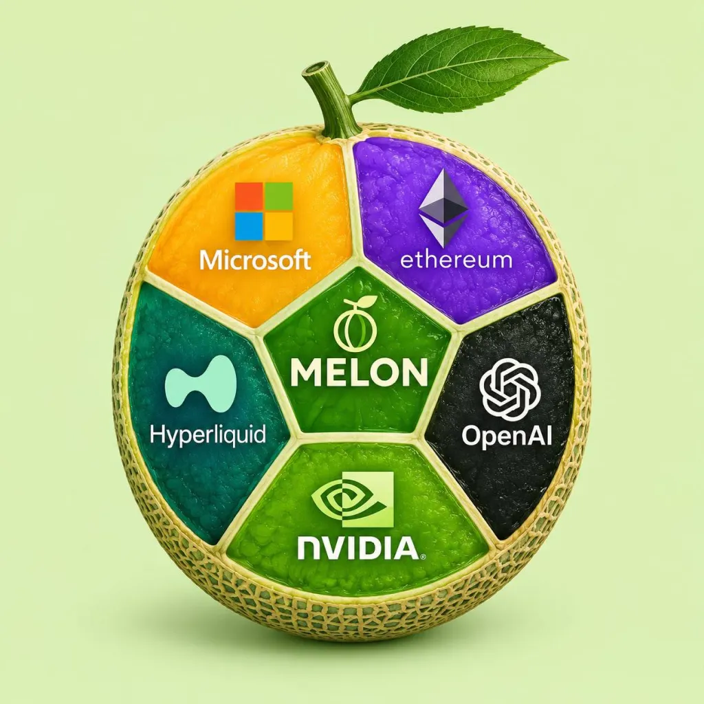 $MELON artwork: a melon divided into five segments for Microsoft, Ethereum, Hyperliquid, OpenAI and Nvidia